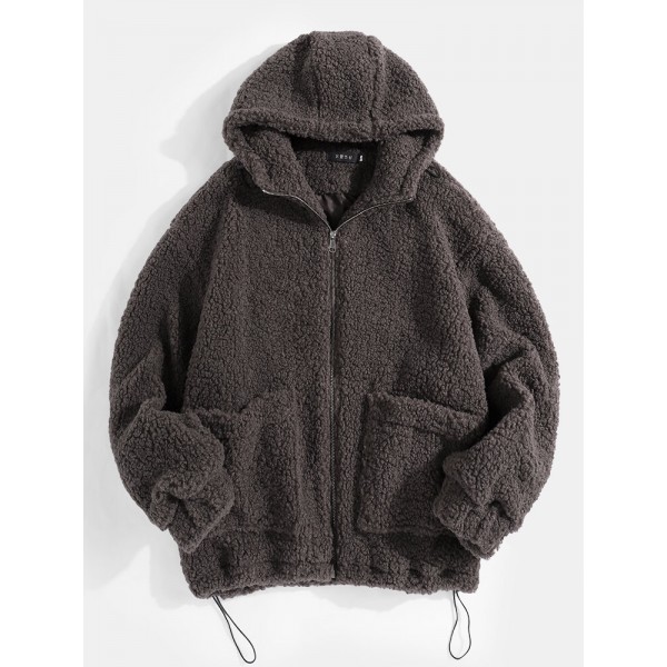 Mens Simple Solid Color Zipper Drawstring Hem Faux Fur Hooded Jacket 