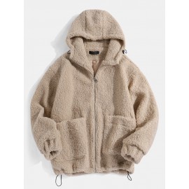 Mens Simple Solid Color Zipper Drawstring Hem Faux Fur Hooded Jacket