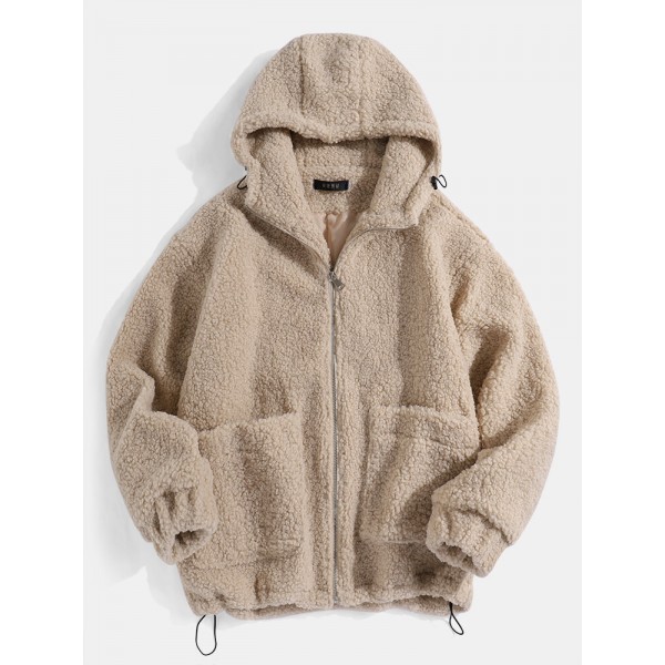 Mens Simple Solid Color Zipper Drawstring Hem Faux Fur Hooded Jacket 