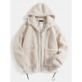 Mens Simple Solid Color Zipper Drawstring Hem Faux Fur Hooded Jacket