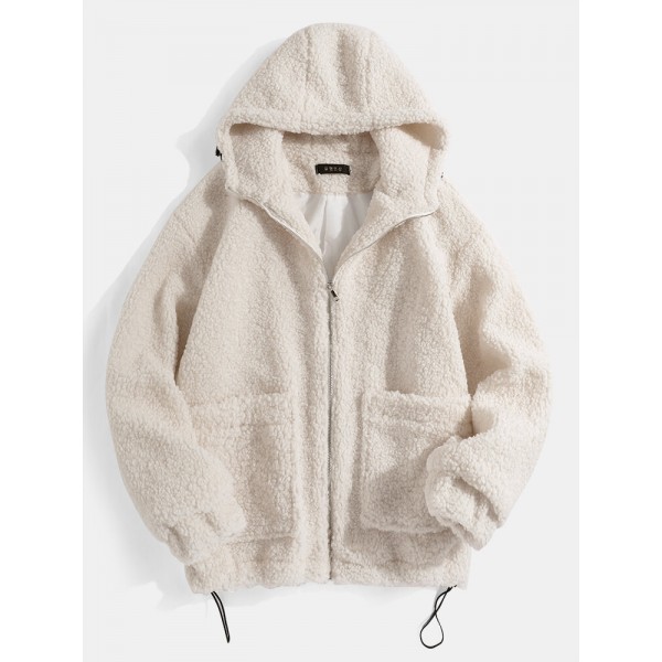 Mens Simple Solid Color Zipper Drawstring Hem Faux Fur Hooded Jacket 