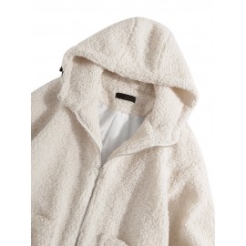 Mens Simple Solid Color Zipper Drawstring Hem Faux Fur Hooded Jacket