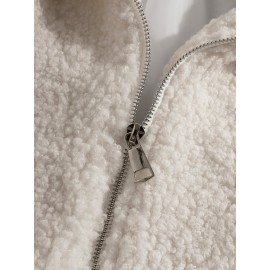 Mens Simple Solid Color Zipper Drawstring Hem Faux Fur Hooded Jacket