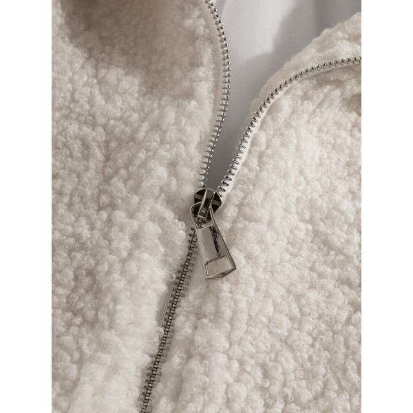 Mens Simple Solid Color Zipper Drawstring Hem Faux Fur Hooded Jacket 