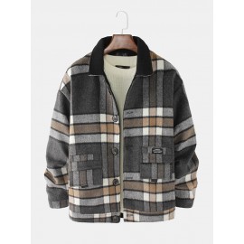 Mens Design Plaid Thicken Long Sleeve Warm Duffle Jacket With Pocket