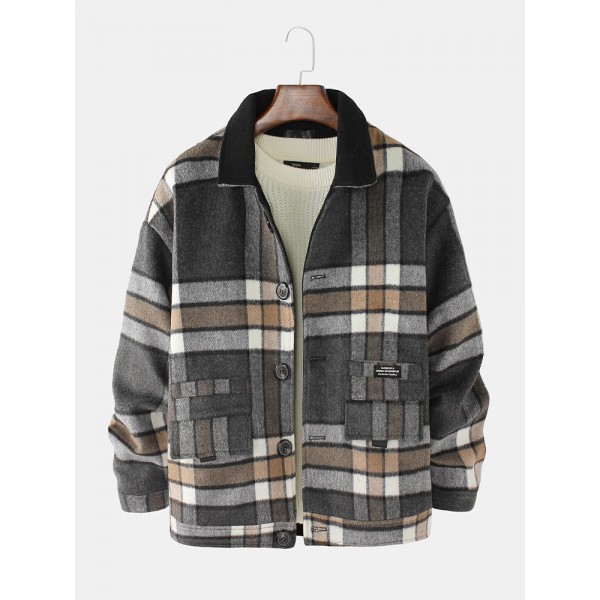 Mens Design Plaid Thicken Long Sleeve Warm Duffle Jacket With Pocket 