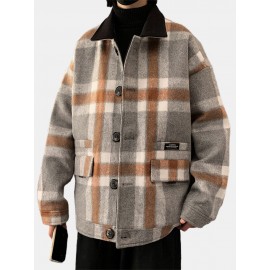 Mens Design Plaid Thicken Long Sleeve Warm Duffle Jacket With Pocket