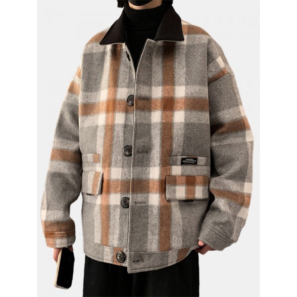 Mens Design Plaid Thicken Long Sleeve Warm Duffle Jacket With Pocket 