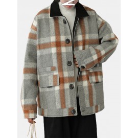 Mens Design Plaid Thicken Long Sleeve Warm Duffle Jacket With Pocket