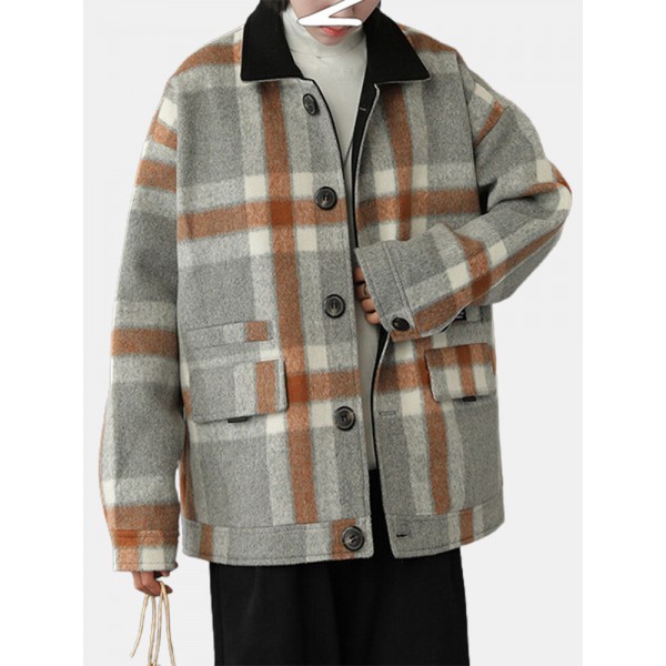 Mens Design Plaid Thicken Long Sleeve Warm Duffle Jacket With Pocket 