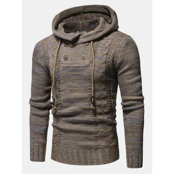 Mens Vintage Half Double Breasted Zipper Knitting Warm Hooded Sweaters 