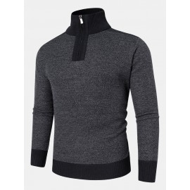 Men Knit Pure Solid Pullover Zip Stand Collar Velvets Warm Sweater