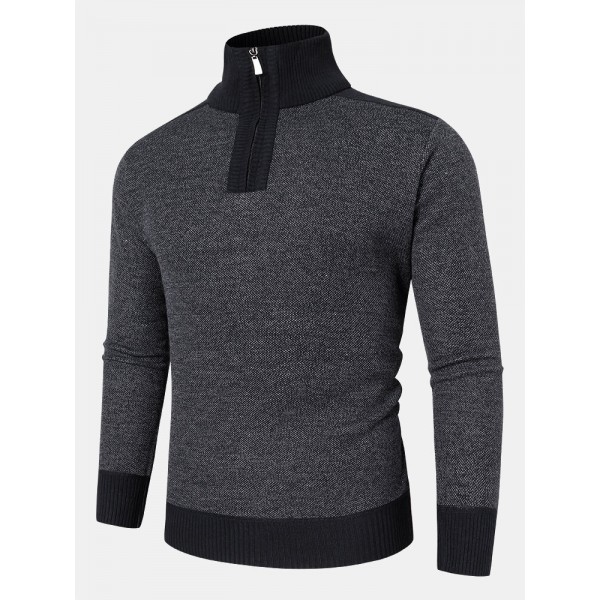 Men Knit Pure Solid Pullover Zip Stand Collar Velvets Warm Sweater 