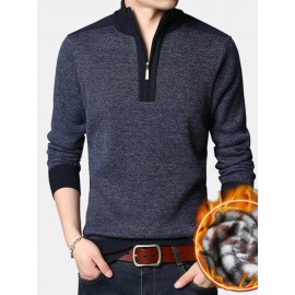 Men Knit Pure Solid Pullover Zip Stand Collar Velvets Warm Sweater