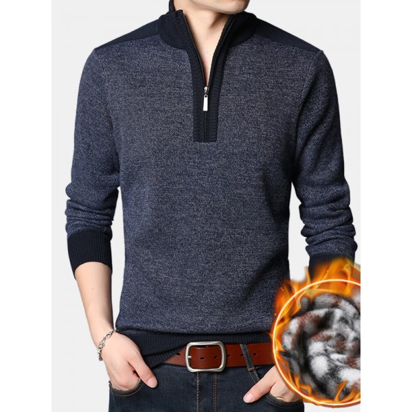 Men Knit Pure Solid Pullover Zip Stand Collar Velvets Warm Sweater 