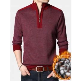 Men Knit Pure Solid Pullover Zip Stand Collar Velvets Warm Sweater