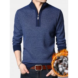 Men Knit Pure Solid Pullover Zip Stand Collar Velvets Warm Sweater