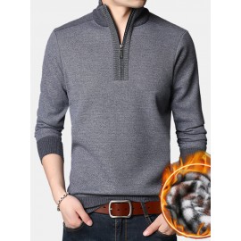 Men Knit Pure Solid Pullover Zip Stand Collar Velvets Warm Sweater