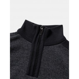 Men Knit Pure Solid Pullover Zip Stand Collar Velvets Warm Sweater