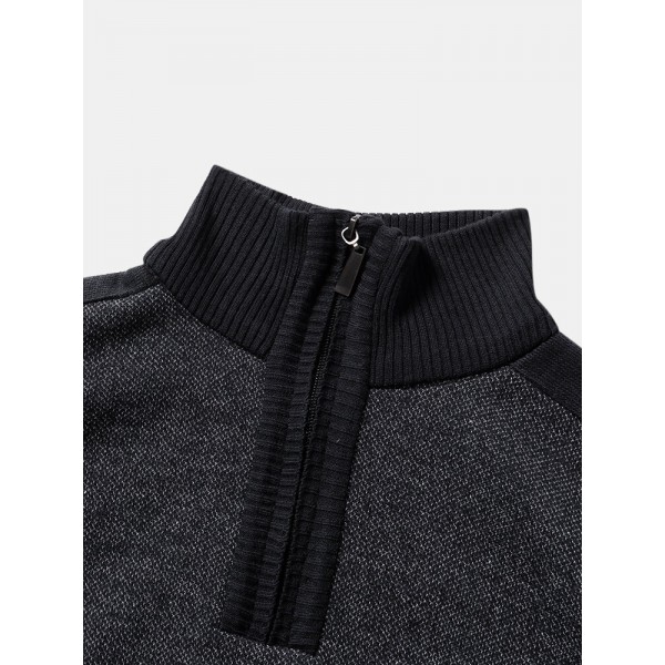 Men Knit Pure Solid Pullover Zip Stand Collar Velvets Warm Sweater 