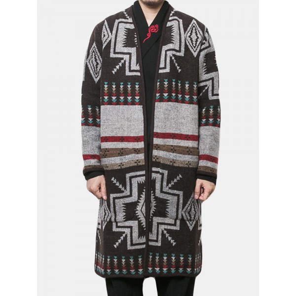 Mens Mid Long Ethnic Printing Pattern Chic Cardigans Coats 