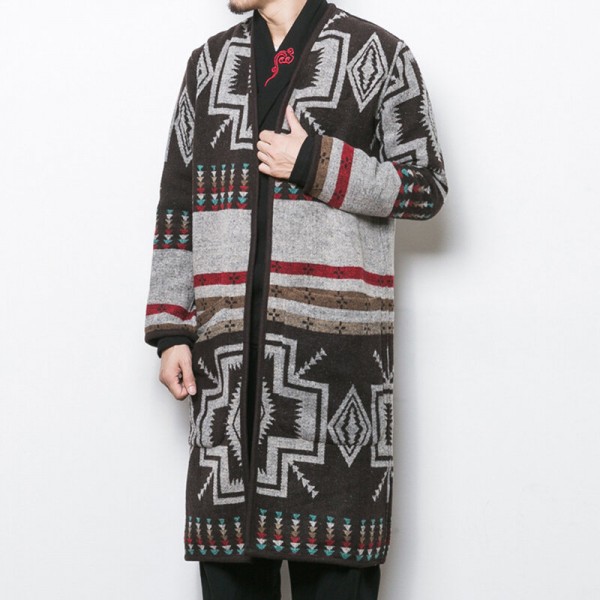 Mens Mid Long Ethnic Printing Pattern Chic Cardigans Coats 