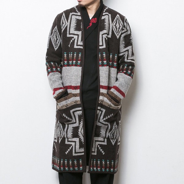 Mens Mid Long Ethnic Printing Pattern Chic Cardigans Coats 