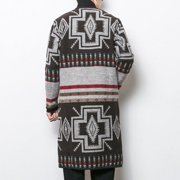 Mens Mid Long Ethnic Printing Pattern Chic Cardigans Coats 