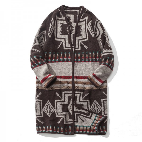 Mens Mid Long Ethnic Printing Pattern Chic Cardigans Coats 