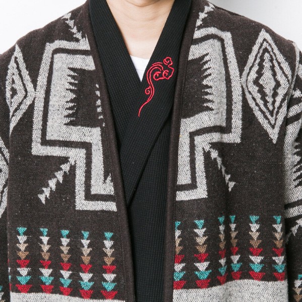 Mens Mid Long Ethnic Printing Pattern Chic Cardigans Coats 