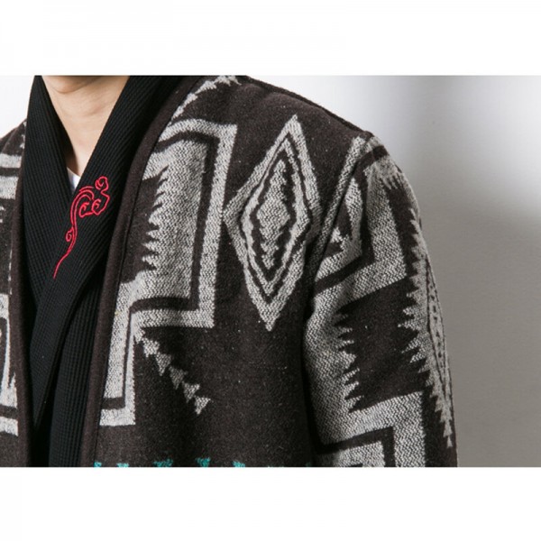 Mens Mid Long Ethnic Printing Pattern Chic Cardigans Coats 