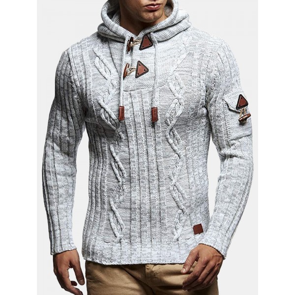 Mens Cable Knitted Toggle Front Warm Hooded Sweaters 