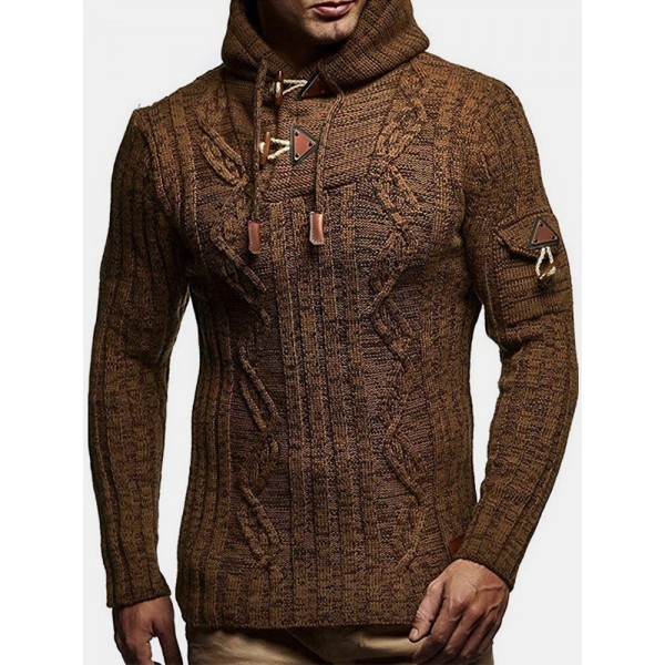 Mens Cable Knitted Toggle Front Warm Hooded Sweaters 