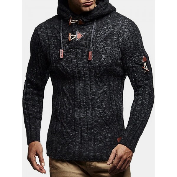 Mens Cable Knitted Toggle Front Warm Hooded Sweaters 