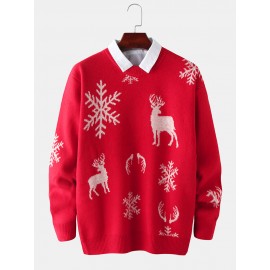 Mens Christmas Elk & Snowflake Graphics Knitting Long Sleeve Sweaters