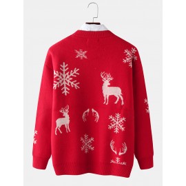 Mens Christmas Elk & Snowflake Graphics Knitting Long Sleeve Sweaters