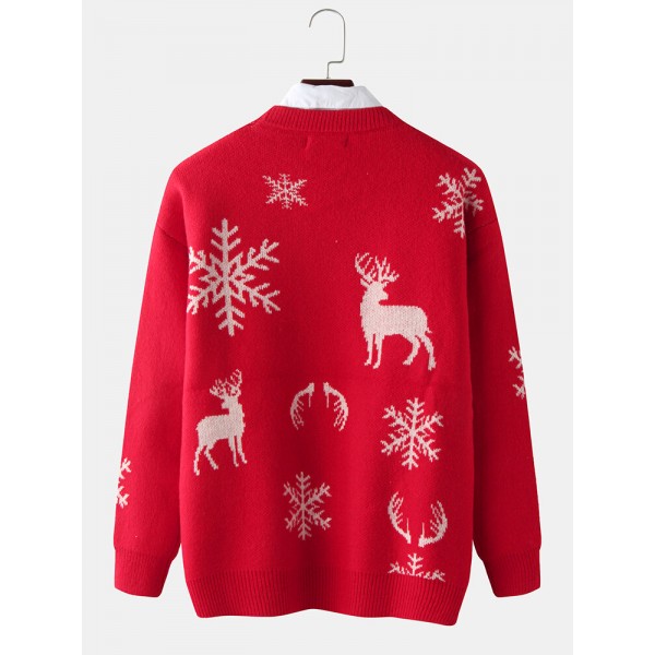 Mens Christmas Elk & Snowflake Graphics Knitting Long Sleeve Sweaters 