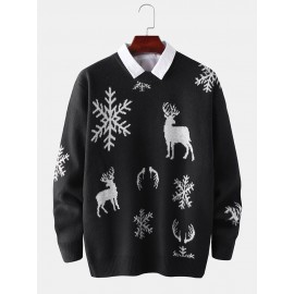 Mens Christmas Elk & Snowflake Graphics Knitting Long Sleeve Sweaters