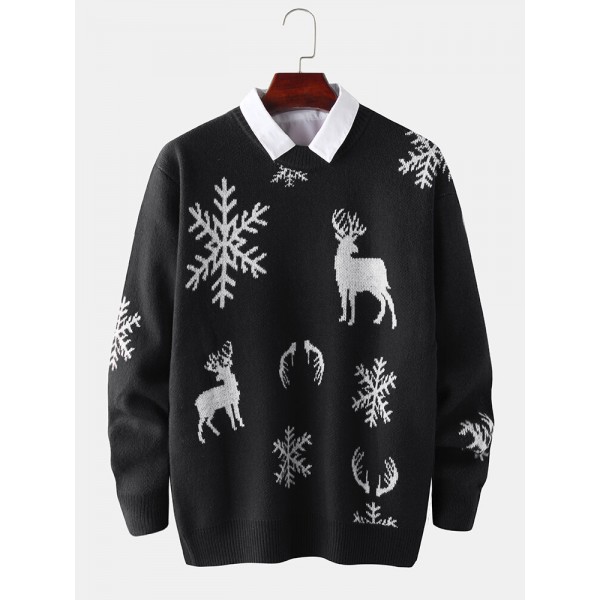 Mens Christmas Elk & Snowflake Graphics Knitting Long Sleeve Sweaters 