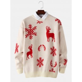 Mens Christmas Elk & Snowflake Graphics Knitting Long Sleeve Sweaters