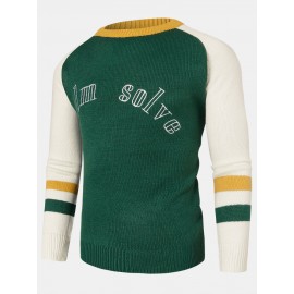 Mens Color Block Letter Embroidery Crew Neck Knitt..