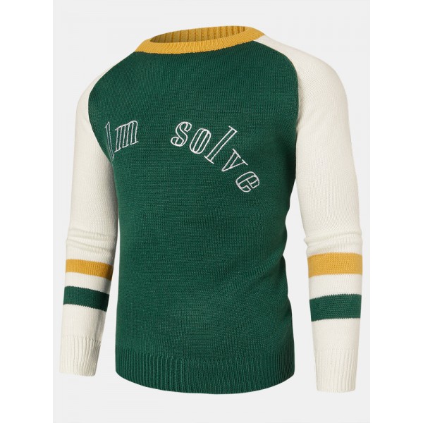 Mens Color Block Letter Embroidery Crew Neck Knitted Pullover Sweaters 