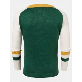 Mens Color Block Letter Embroidery Crew Neck Knitted Pullover Sweaters