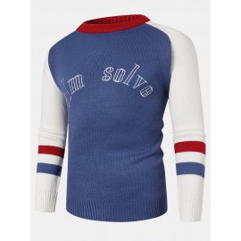 Mens Color Block Letter Embroidery Crew Neck Knitted Pullover Sweaters