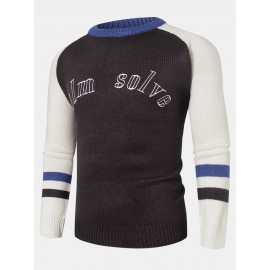 Mens Color Block Letter Embroidery Crew Neck Knitted Pullover Sweaters