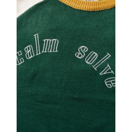 Mens Color Block Letter Embroidery Crew Neck Knitted Pullover Sweaters