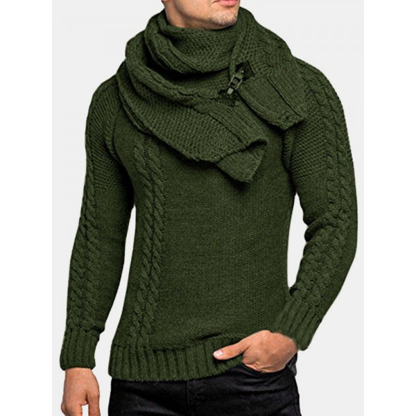 Mens Warm Solid Color Round Neck Long Sleeve Knitted Sweaters With Scarf 