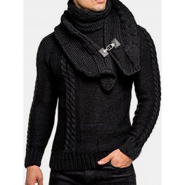 Mens Warm Solid Color Round Neck Long Sleeve Knitted Sweaters With Scarf