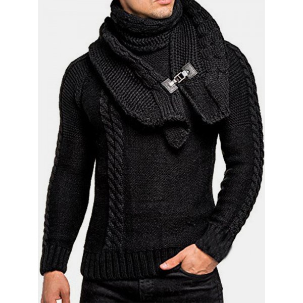 Mens Warm Solid Color Round Neck Long Sleeve Knitted Sweaters With Scarf 