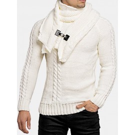 Mens Warm Solid Color Round Neck Long Sleeve Knitted Sweaters With Scarf